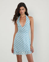Alira Halterneck Dress in Blurred Check Blue