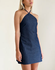 Belinda Halterneck Mini Dress in Denim Chambray Indigo