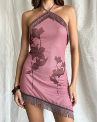 Clooney Fringe Mini Dress in Tonal Flower Mauve