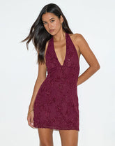 Codami Halterneck Mini Dress in Sequin Knit Burgundy