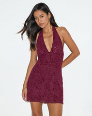 Codami Halterneck Mini Dress in Sequin Knit Burgundy