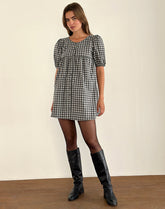 Cybera Mini Dress in Tonal Gingham Black and Grey