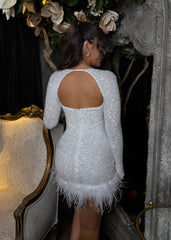Classic Elegance Long Sleeve Feather Trim Mini Dress - White