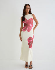 Fayola Printed Maxi Dress in Cream with Red Watercolour Flower