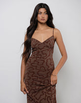 Kalana Maxi Dress in Brown Swirl Flock