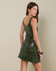 Lalaurie Scoop Neck Mini Dress in Mixed Drape Sequin Khaki