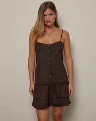 Mailina Linen Button Up Mini Dress in Chocolate Brown