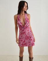 Malora Cowl Mini Dress in Stencil Flower Pink