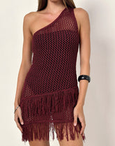 Meloka Asymmetric Fringe Mini Dress in Berry