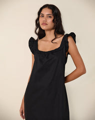Merrily Smock Midi Dress in Poplin Black