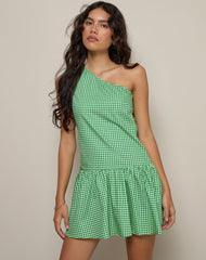 Munasa One Shoulder Mini Dress in Mini Gingham Green