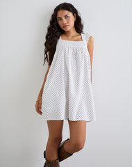 Sanaly Mini Dress in White with Black Micro Polka