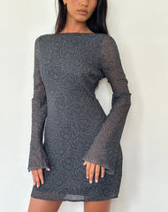 Sava Open Back Long Sleeve Mini Dress in Black Floral Chiffon