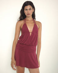 Senara Cinch Waist Halterneck Mini Dress in Burgundy