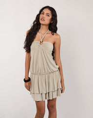 Suraya Plunge Mini Dress in Cupro Oatmilk