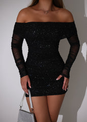 Samantha Sparkle Off Shoulder Mesh Mini Dress - Black