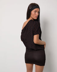 Talita Mini Dress in Diagonal and Mini Stripe Maroon