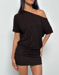 Talita Mini Dress in Diagonal and Mini Stripe Maroon