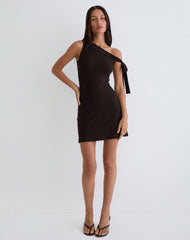 Xeenia One Shoulder Mini Dress in Chocolate Brown
