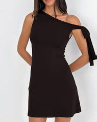 Xeenia One Shoulder Mini Dress in Chocolate Brown