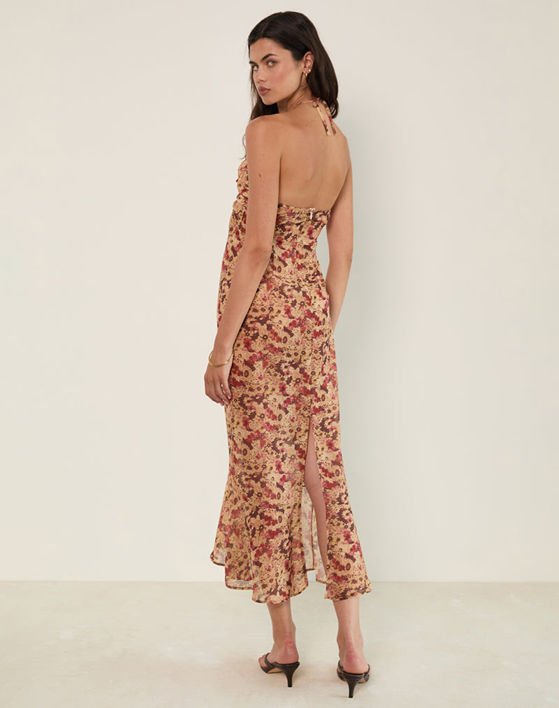 Alette Halterneck Maxi Dress in Chiffon Rusty Flower