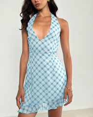Alira Halterneck Dress in Blurred Check Blue
