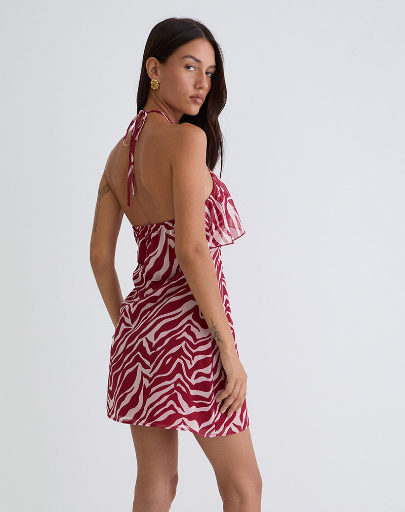 Beyza Halter Mini Dress in Zebra Print Red