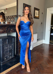 Chasing Heaven Ruched Satin Gown - Cobalt Blue