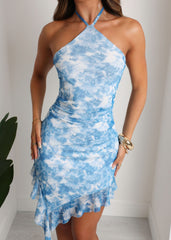 Curious Beauty Halterneck Ruffle Mini Dress - Blue