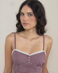 Delphine Mini Cami Dress in Mini Gingham Wine with White Lace