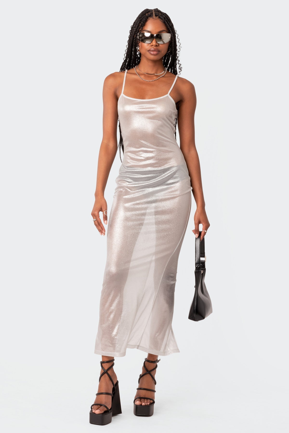 Nyla Sheer Glittery Back Slit Maxi Dress