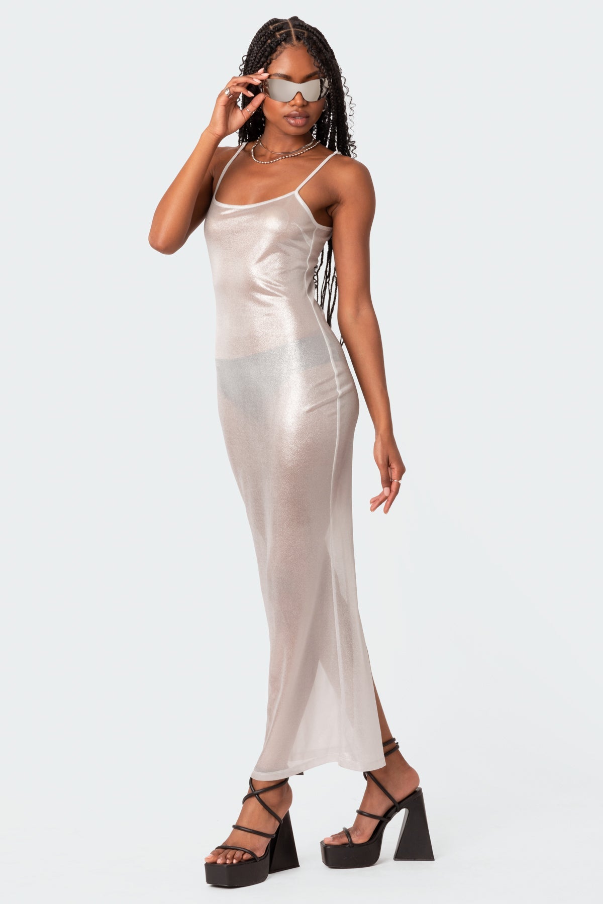 Nyla Sheer Glittery Back Slit Maxi Dress