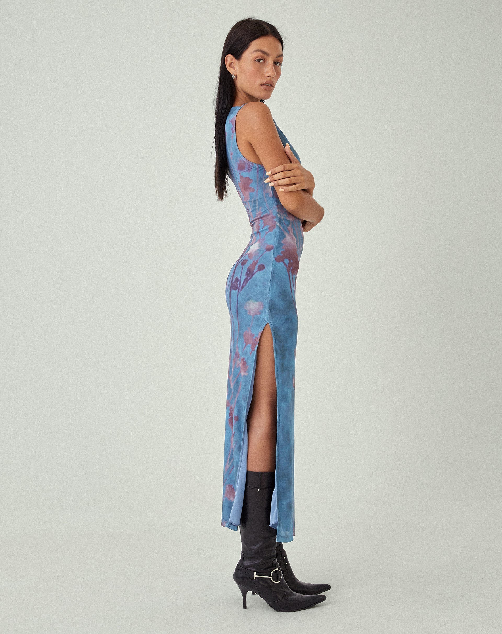 MOTEL X JACQUIE Flo Midi Dress in Lumen Mesh Blue