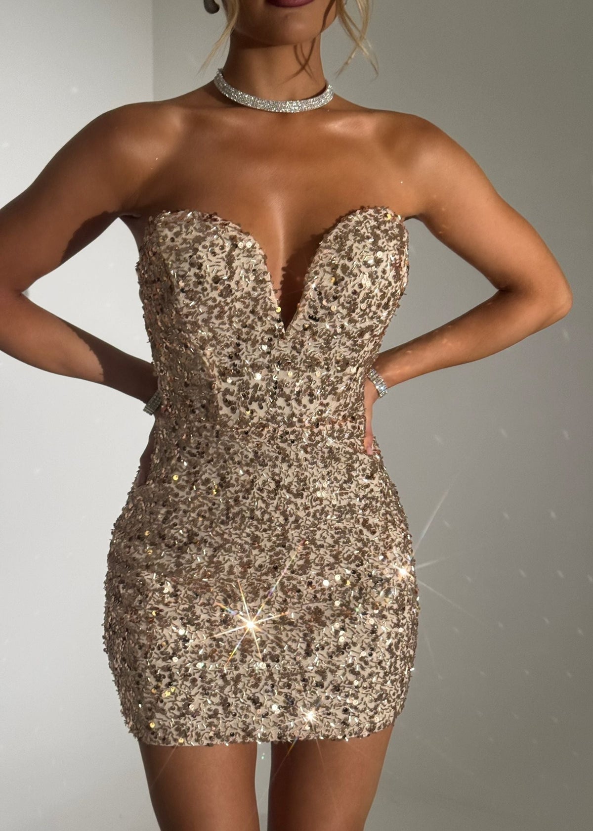 Faithful Nights Sequin Bow Mini Dress - Gold