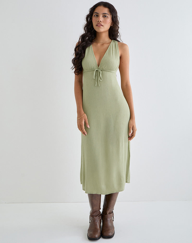 Havisla Tie Front Midi Dress in Sage Green