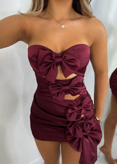 Head Over Heart Cut Out Bow Mini Dress - Burgundy