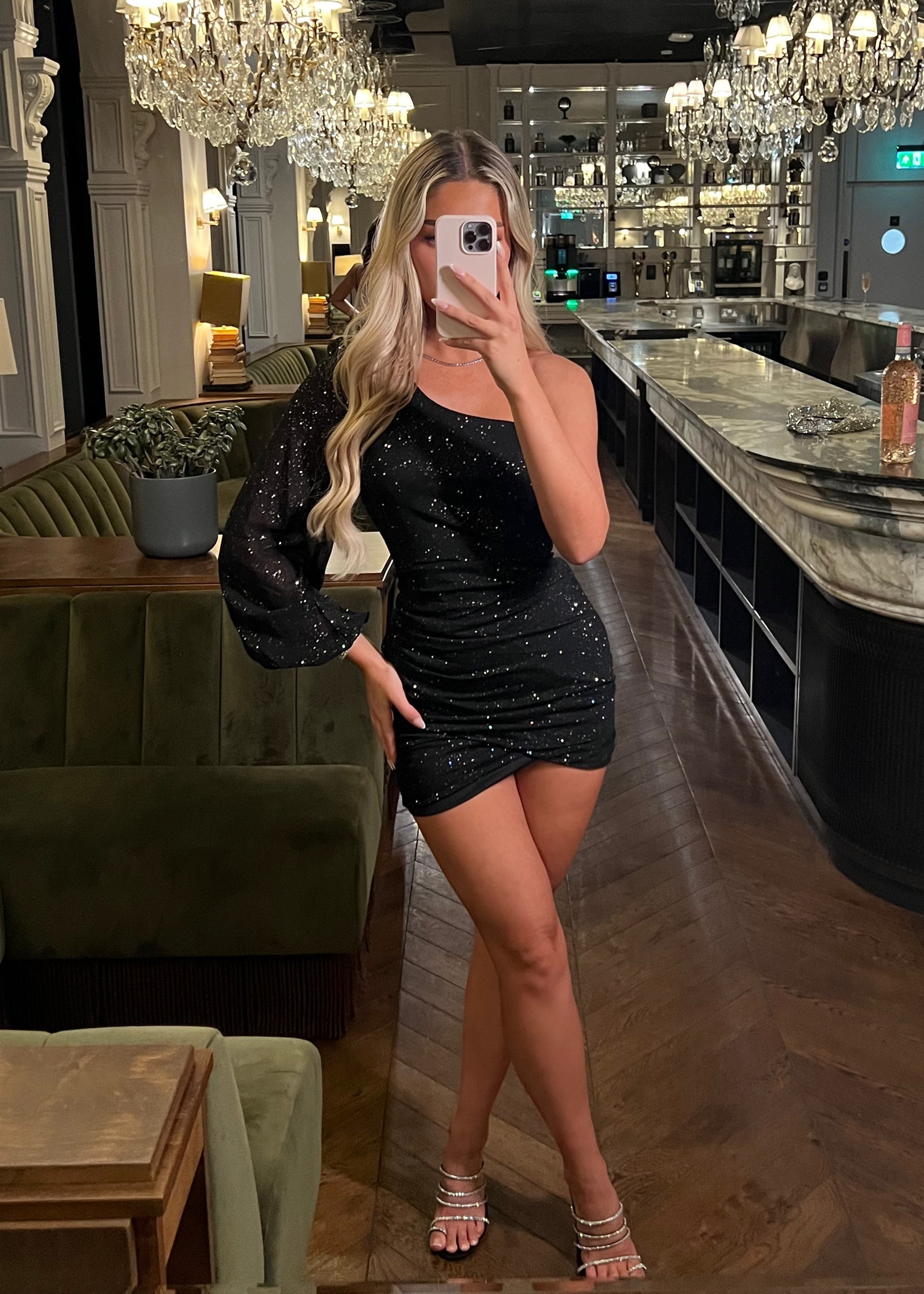 Midnight Mirage One Shoulder Glitter Mesh Mini Dress - Black