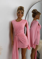 Infinite Allure Gathered Drape Shoulder Mini Dress - Pink