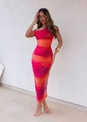 Island Escape Asymmetric Midi Dress - Pink/Orange