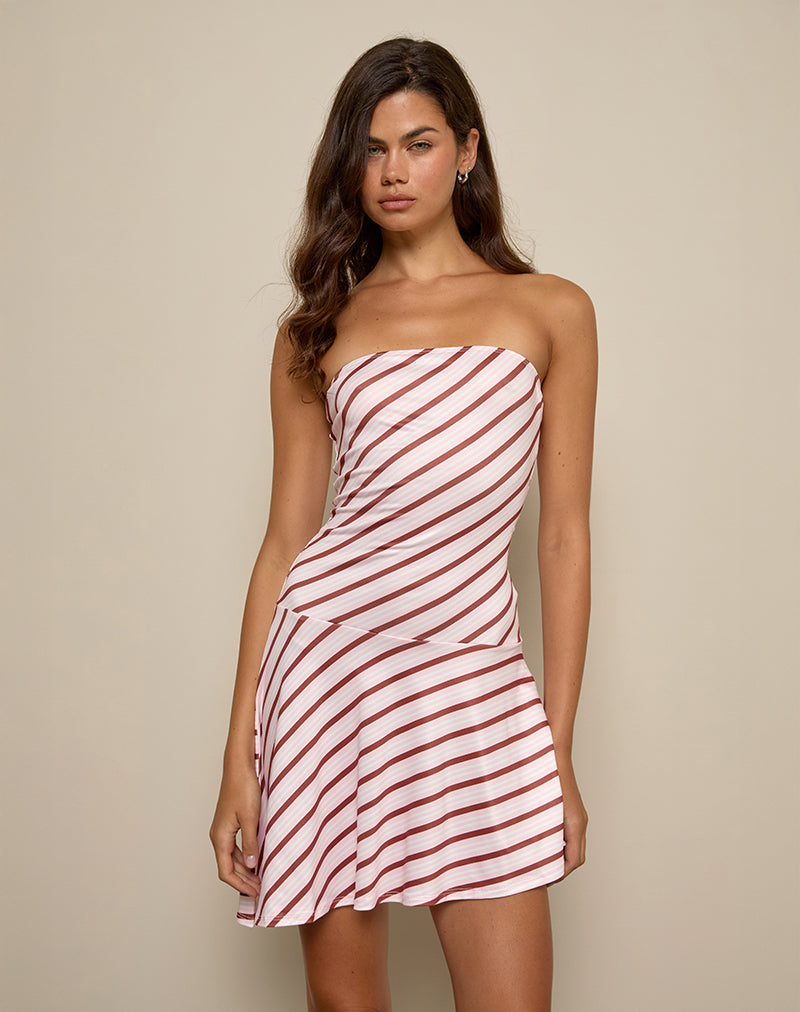 Kagari Mini Dress in Diagonal Stripe Pink
