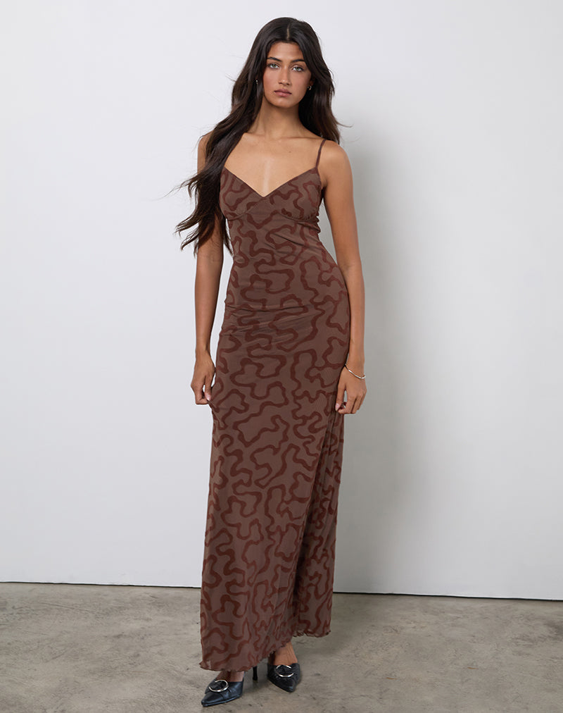Kalana Maxi Dress in Brown Swirl Flock