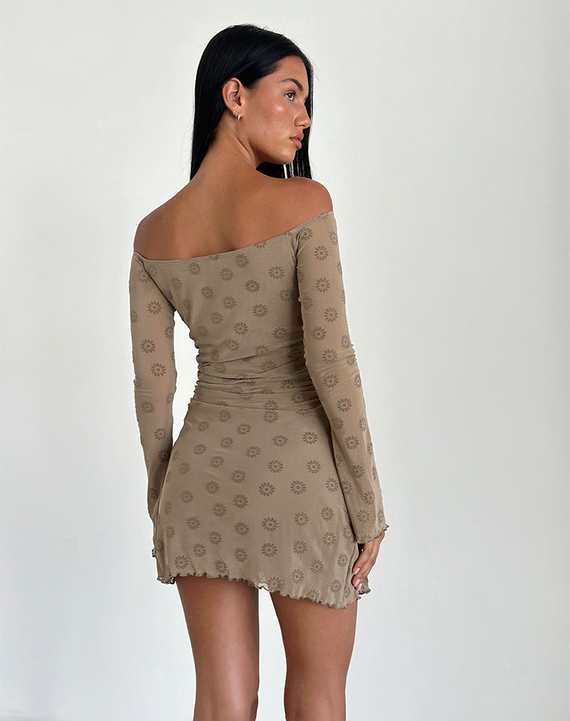 Kausar Off Shoulder Mini Dress in Daisy Flock Light Brown