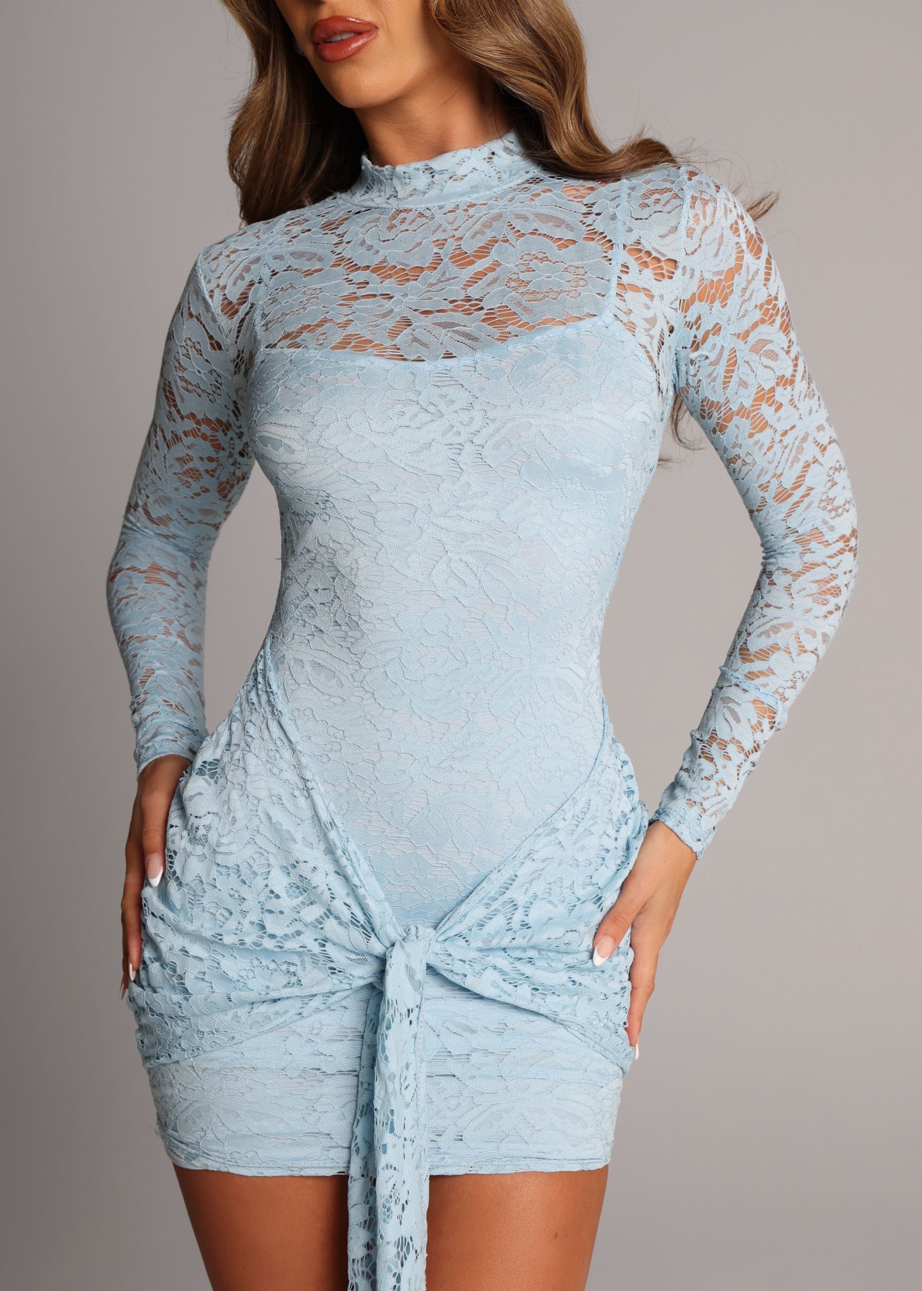 Love Club Lace High Neck Tie Detail Dress - Blue