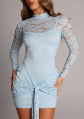 Love Club Lace High Neck Tie Detail Dress - Blue