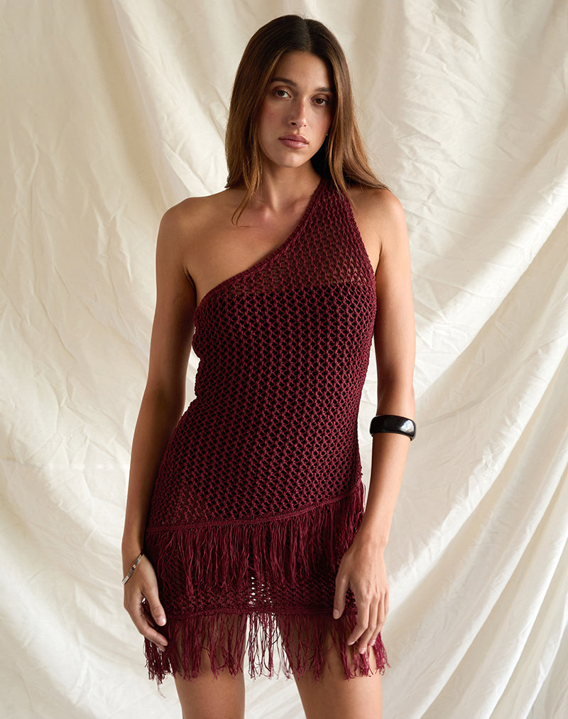 Meloka Asymmetric Fringe Mini Dress in Berry
