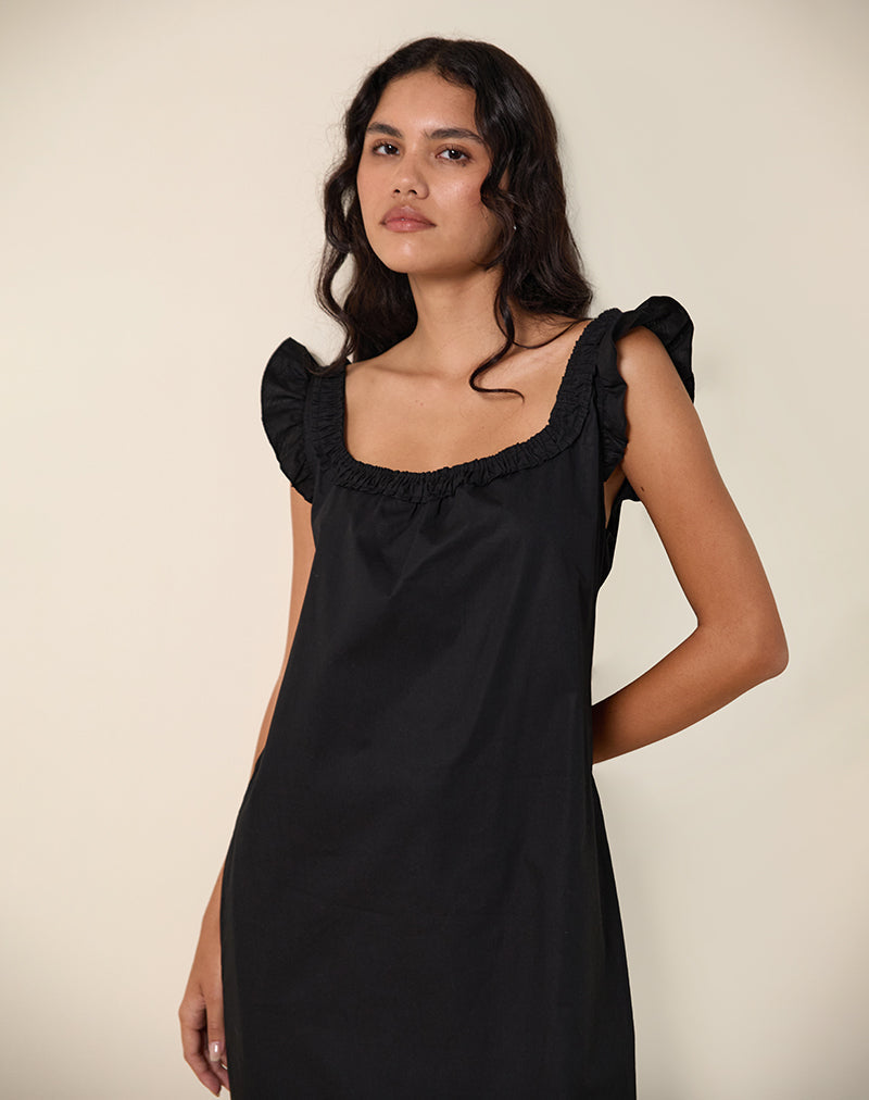 Merrily Smock Midi Dress in Poplin Black