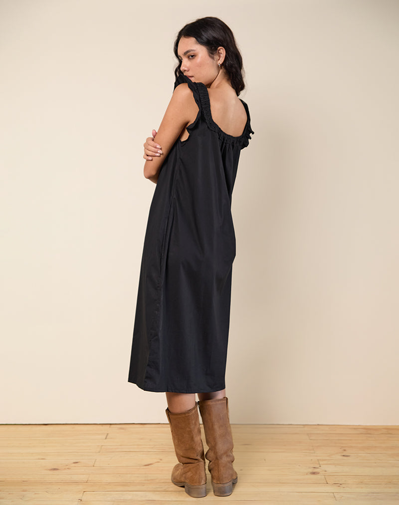 Merrily Smock Midi Dress in Poplin Black