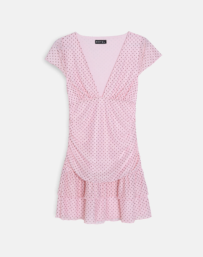 Mowgli Cap Sleeve Mini Dress in Baby Pink with Micro Polka Black