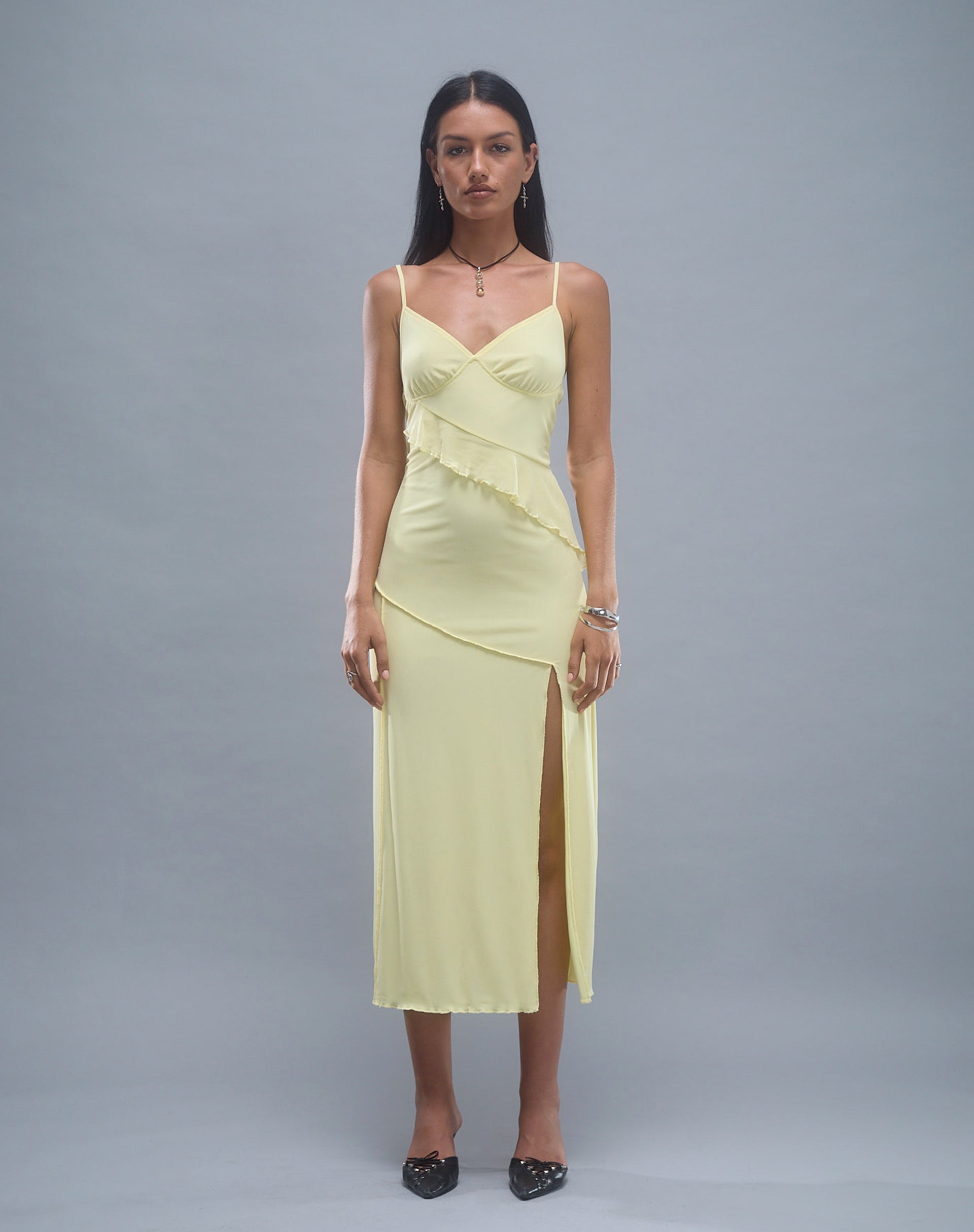 Jacy Ruffle Midi Dress in Mesh Lemon