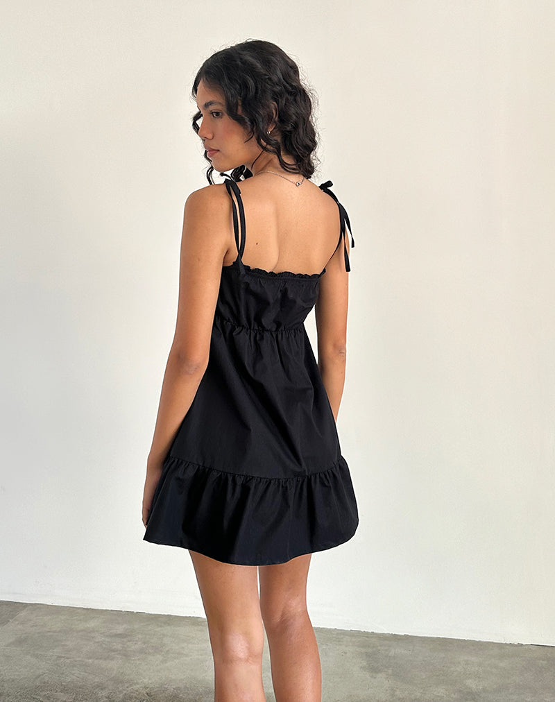 Nigta Tie Front Mini Dress in Poplin Black